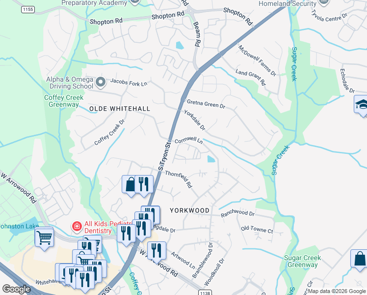 map of restaurants, bars, coffee shops, grocery stores, and more near 7028 Modern Way in Charlotte
