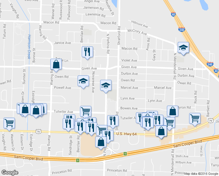 map of restaurants, bars, coffee shops, grocery stores, and more near 838 North Perkins Road in Memphis