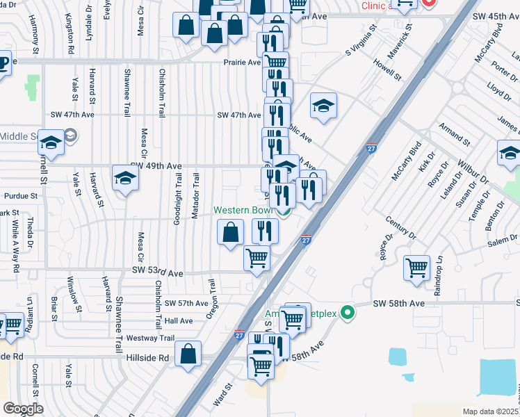 map of restaurants, bars, coffee shops, grocery stores, and more near 5050 South Western Street in Amarillo