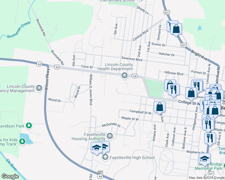 map of restaurants, bars, coffee shops, grocery stores, and more near 2000 College Street West in Fayetteville