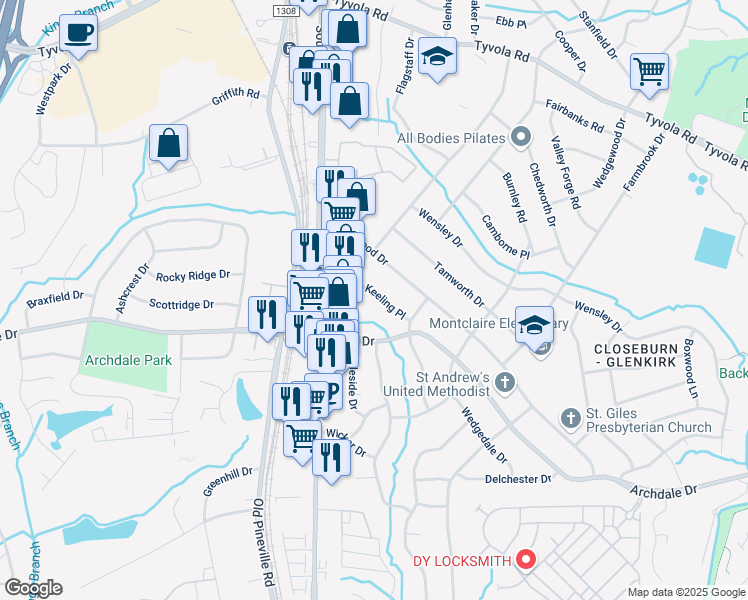 map of restaurants, bars, coffee shops, grocery stores, and more near 1518 Keeling Place in Charlotte