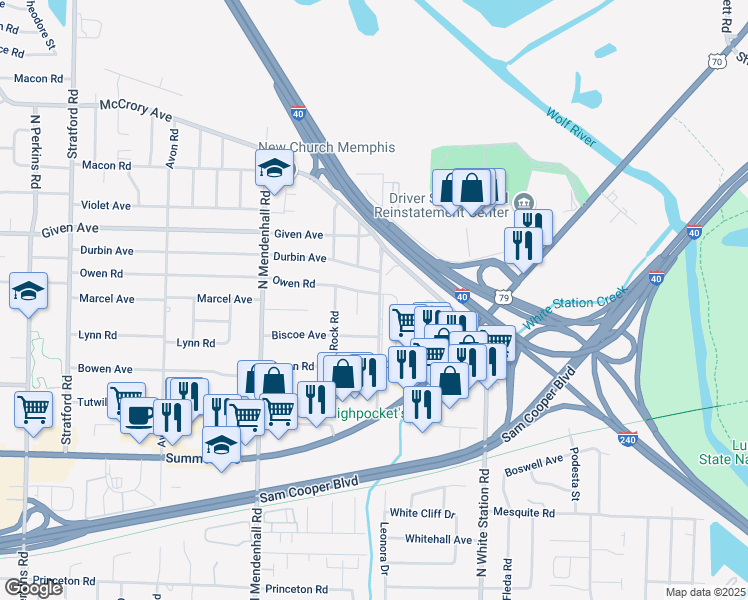 map of restaurants, bars, coffee shops, grocery stores, and more near 5027 Owen Road in Memphis