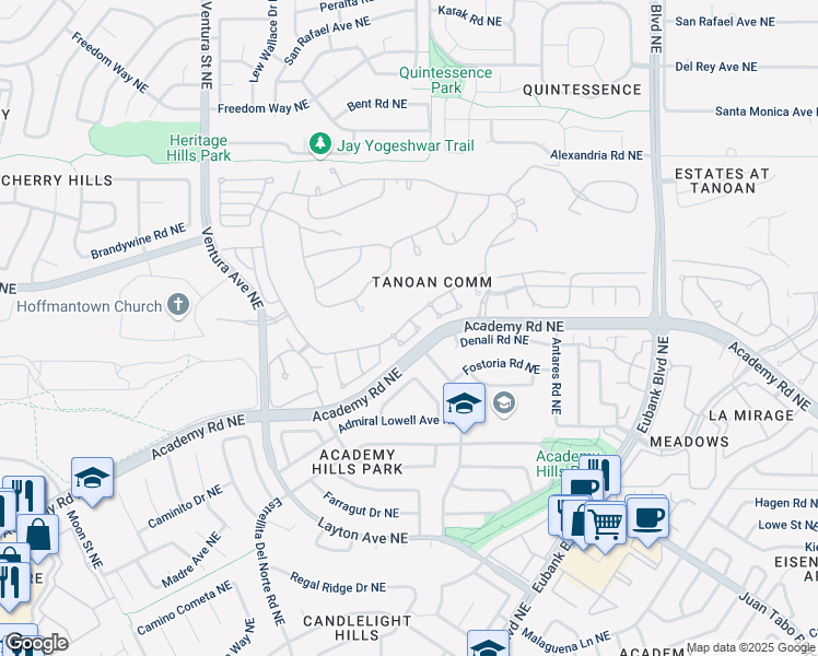 map of restaurants, bars, coffee shops, grocery stores, and more near 9601 Merion Circle Northeast in Albuquerque
