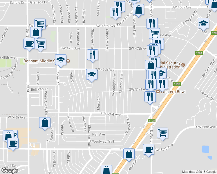 map of restaurants, bars, coffee shops, grocery stores, and more near 4923 Chisholm Trail in Amarillo