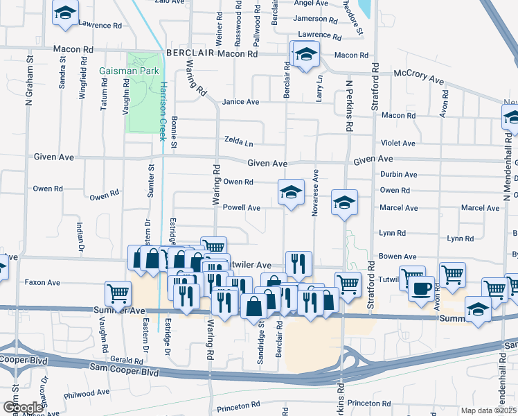 map of restaurants, bars, coffee shops, grocery stores, and more near 4437 Powell Avenue in Memphis