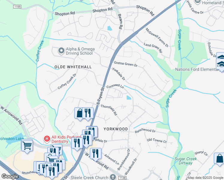 map of restaurants, bars, coffee shops, grocery stores, and more near 6915 South Tryon Street in Charlotte