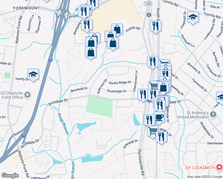 map of restaurants, bars, coffee shops, grocery stores, and more near 320 Scottridge Drive in Charlotte