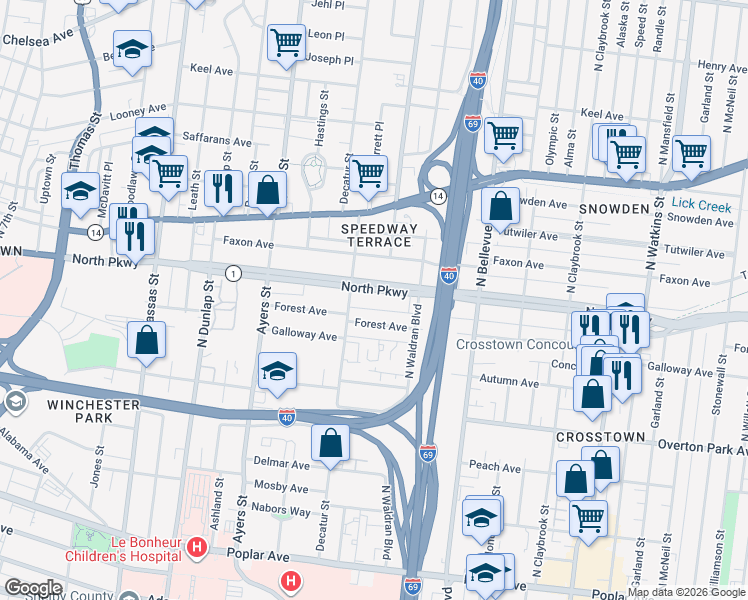 map of restaurants, bars, coffee shops, grocery stores, and more near 1051 North Parkway in Memphis