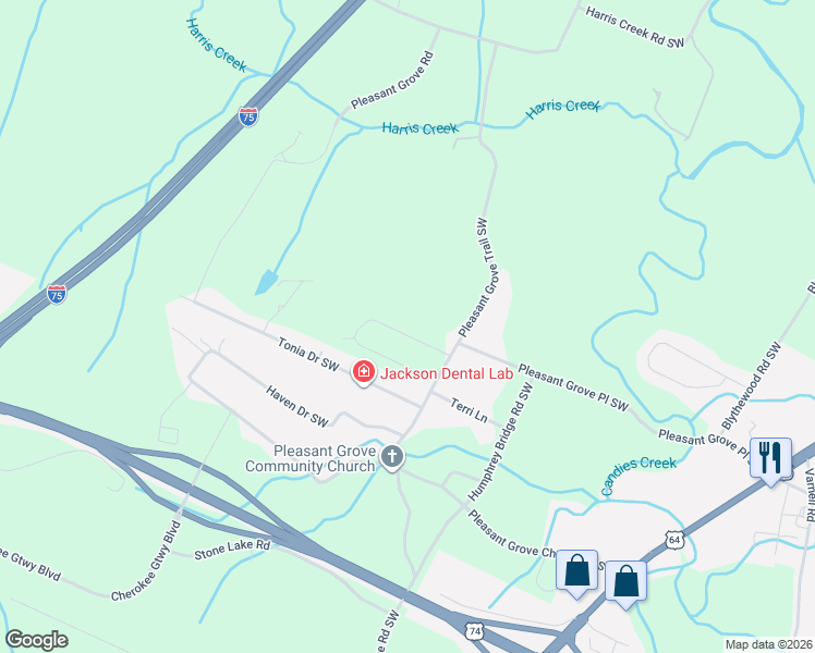 map of restaurants, bars, coffee shops, grocery stores, and more near 3021 Pleasant Grove Place Southwest in Cleveland