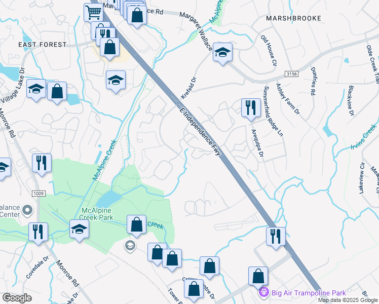 map of restaurants, bars, coffee shops, grocery stores, and more near 7833 Calibre Crossing Drive in Charlotte