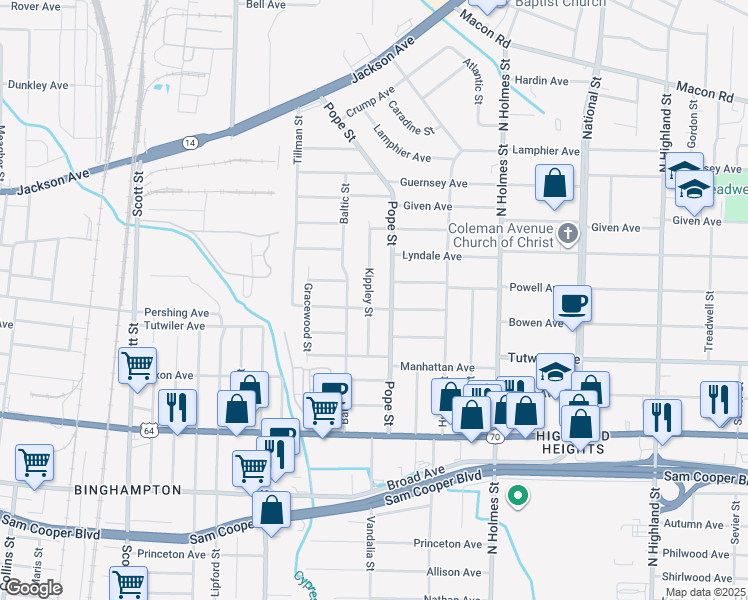map of restaurants, bars, coffee shops, grocery stores, and more near 798 Kippley Street in Memphis
