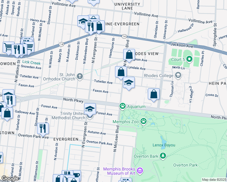 map of restaurants, bars, coffee shops, grocery stores, and more near 1810 Faxon Avenue in Memphis