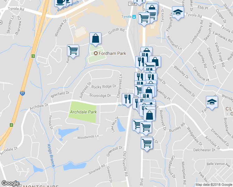 map of restaurants, bars, coffee shops, grocery stores, and more near 6236 Cherrycrest Lane in Charlotte
