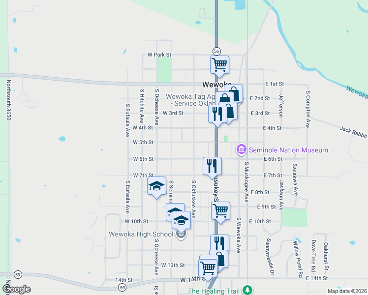 map of restaurants, bars, coffee shops, grocery stores, and more near 324 West 5th Street in Wewoka