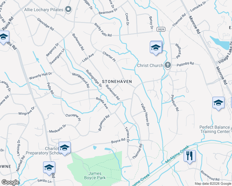 map of restaurants, bars, coffee shops, grocery stores, and more near 6805 Burlwood Road in Charlotte