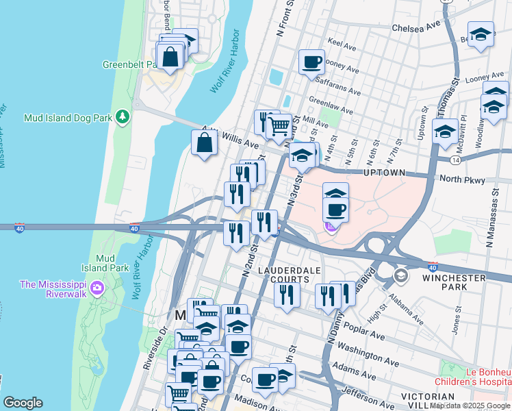 map of restaurants, bars, coffee shops, grocery stores, and more near 345 North 2nd Street in Memphis