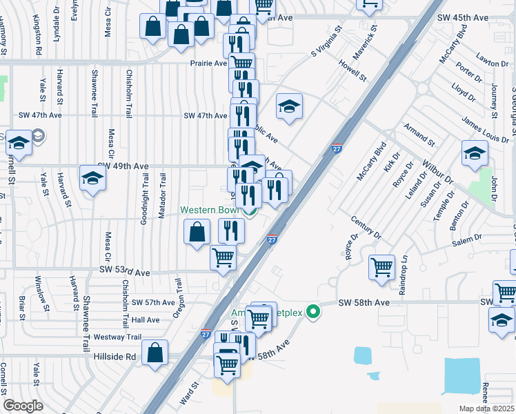 map of restaurants, bars, coffee shops, grocery stores, and more near 5103 South Western Street in Amarillo
