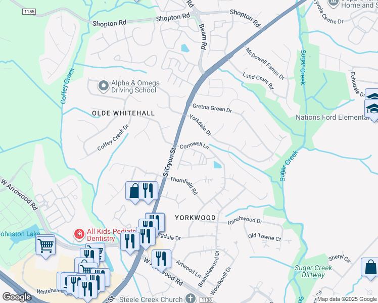 map of restaurants, bars, coffee shops, grocery stores, and more near 6915 South Tryon Street in Charlotte