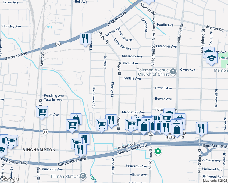 map of restaurants, bars, coffee shops, grocery stores, and more near 798 Kippley Street in Memphis