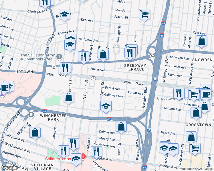 map of restaurants, bars, coffee shops, grocery stores, and more near 914 Forest Avenue in Memphis