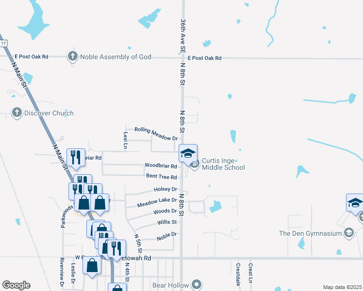 map of restaurants, bars, coffee shops, grocery stores, and more near 1301 Rolling Woods in Noble