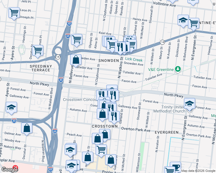 map of restaurants, bars, coffee shops, grocery stores, and more near 1362 North Parkway in Memphis