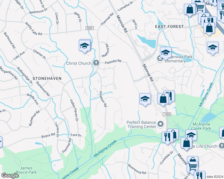 map of restaurants, bars, coffee shops, grocery stores, and more near 7030 Fernwood Drive in Charlotte