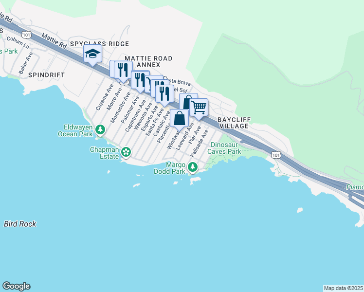 map of restaurants, bars, coffee shops, grocery stores, and more near 265 Leeward Avenue in Pismo Beach