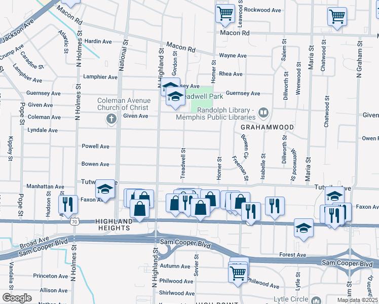 map of restaurants, bars, coffee shops, grocery stores, and more near 3573 Powell Avenue in Memphis