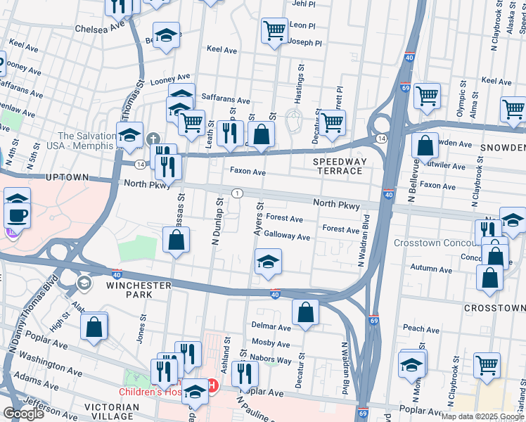 map of restaurants, bars, coffee shops, grocery stores, and more near 914 Forest Avenue in Memphis