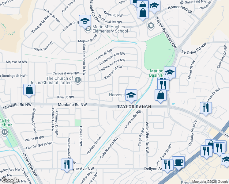 map of restaurants, bars, coffee shops, grocery stores, and more near 6117 Vista Sierra Street Northwest in Albuquerque