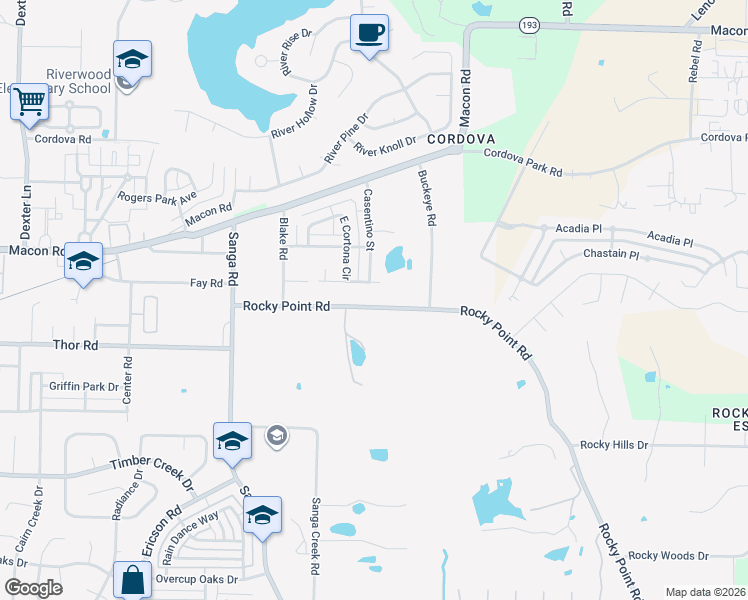 map of restaurants, bars, coffee shops, grocery stores, and more near 8910 Rocky Point Road in Memphis