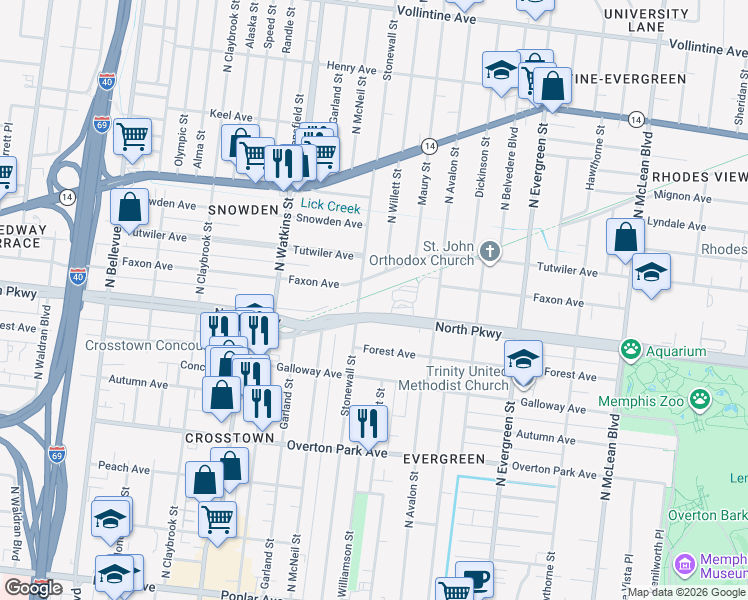 map of restaurants, bars, coffee shops, grocery stores, and more near 1538 North Parkway in Memphis