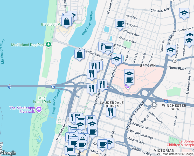 map of restaurants, bars, coffee shops, grocery stores, and more near 338 North Main Street in Memphis