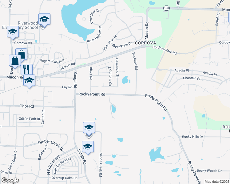 map of restaurants, bars, coffee shops, grocery stores, and more near 8910 Rocky Point Road in Memphis