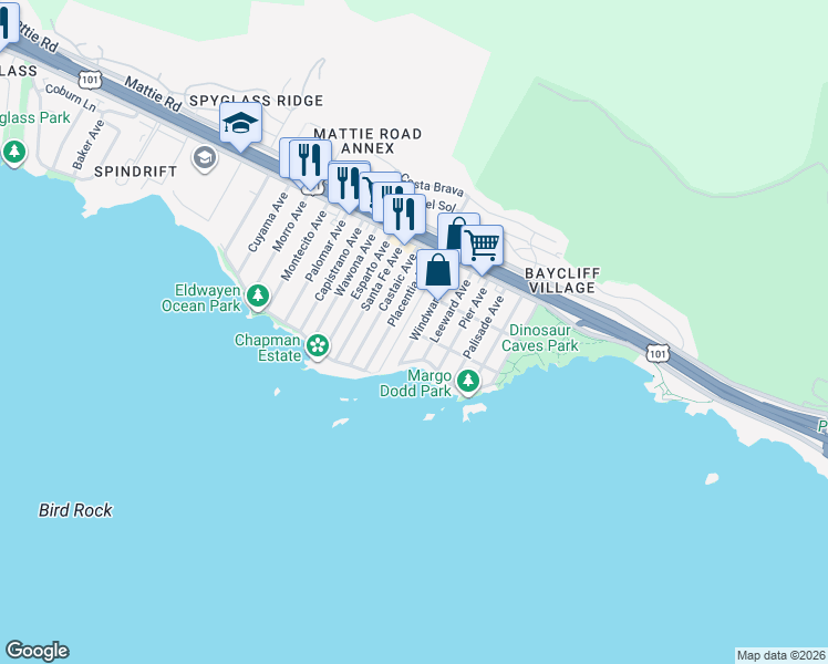 map of restaurants, bars, coffee shops, grocery stores, and more near 304 Windward Avenue in Pismo Beach