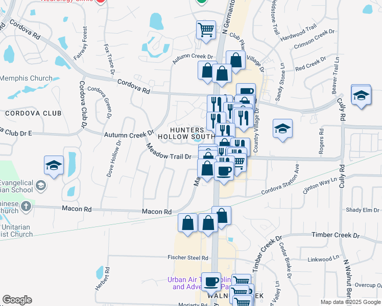 map of restaurants, bars, coffee shops, grocery stores, and more near 7960 Meadow Trail Drive in Memphis