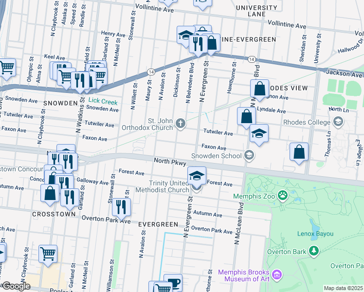 map of restaurants, bars, coffee shops, grocery stores, and more near 1673 Faxon Avenue in Memphis