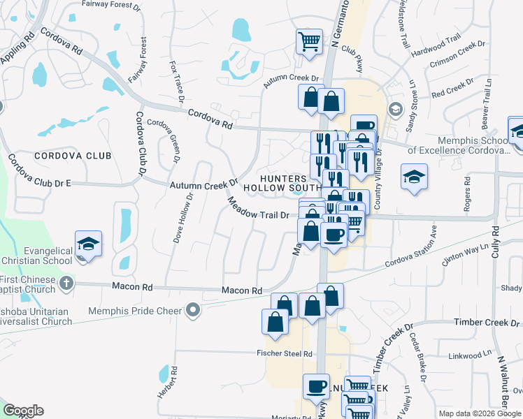 map of restaurants, bars, coffee shops, grocery stores, and more near 7910 Meadow Trail Drive in Memphis