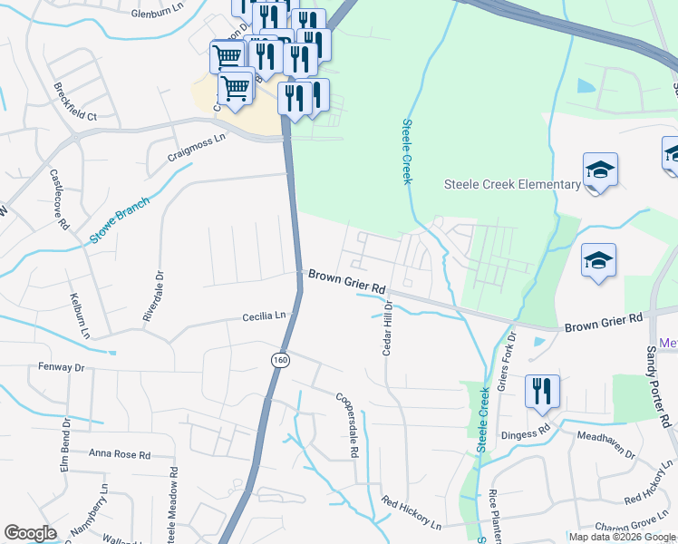 map of restaurants, bars, coffee shops, grocery stores, and more near 13400 Brown Grier Road in Charlotte
