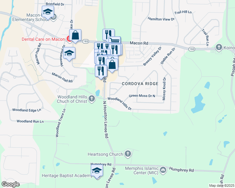 map of restaurants, bars, coffee shops, grocery stores, and more near 1064 Cross Wood Lane in Shelby County