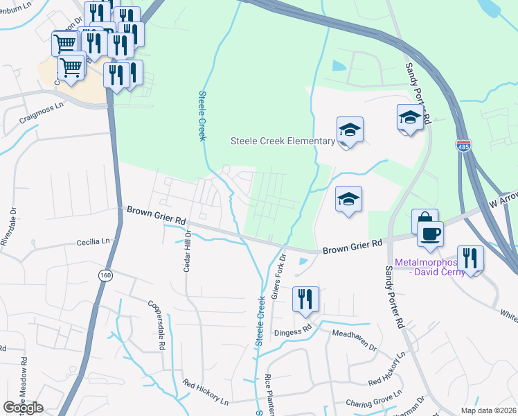 map of restaurants, bars, coffee shops, grocery stores, and more near 10117 Guardian Drive in Charlotte