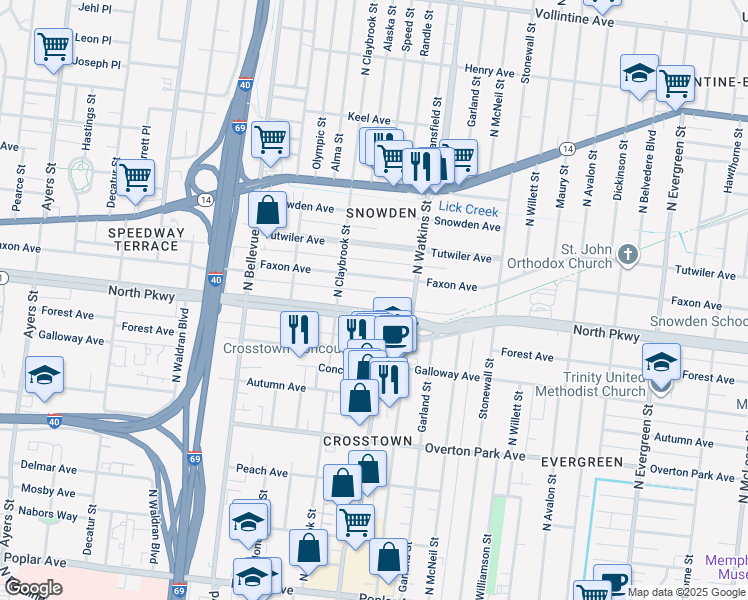 map of restaurants, bars, coffee shops, grocery stores, and more near 1362 North Parkway in Memphis
