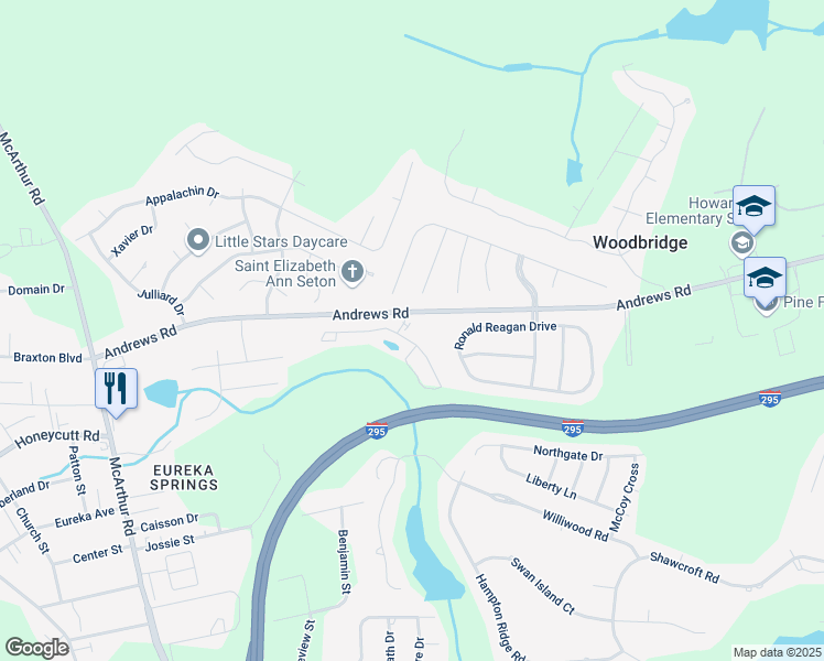 map of restaurants, bars, coffee shops, grocery stores, and more near 3405 Revolution Road in Fayetteville