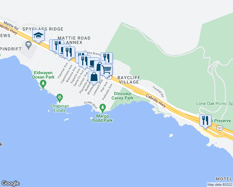 map of restaurants, bars, coffee shops, grocery stores, and more near 178 Cliff Avenue in Pismo Beach