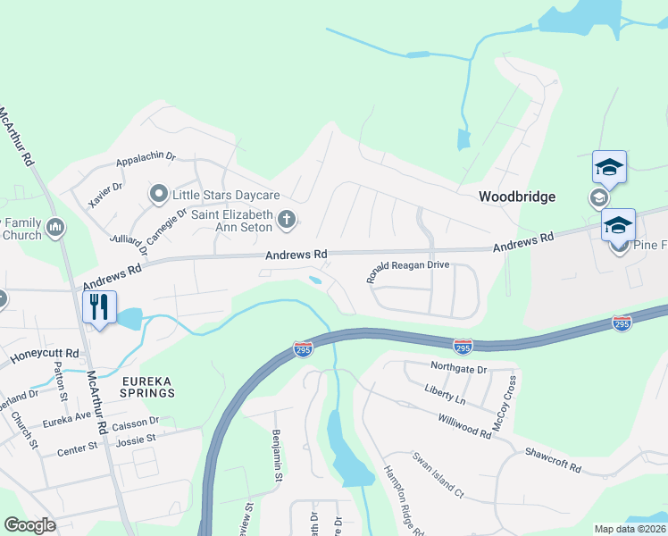 map of restaurants, bars, coffee shops, grocery stores, and more near 3405 Revolution Road in Fayetteville