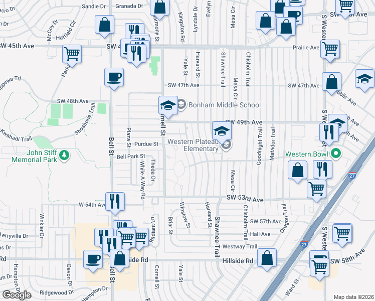 map of restaurants, bars, coffee shops, grocery stores, and more near 5001-5099 Yale St in Amarillo
