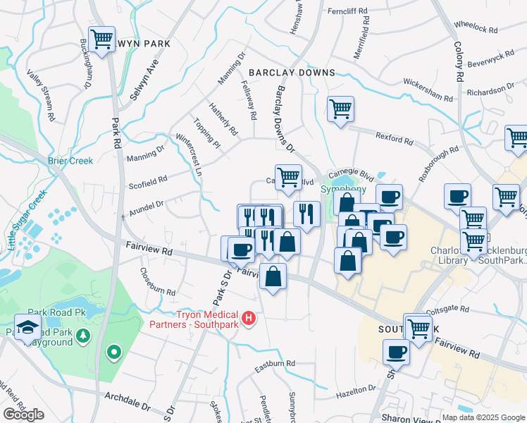 map of restaurants, bars, coffee shops, grocery stores, and more near 5720 Carnegie Boulevard in Charlotte