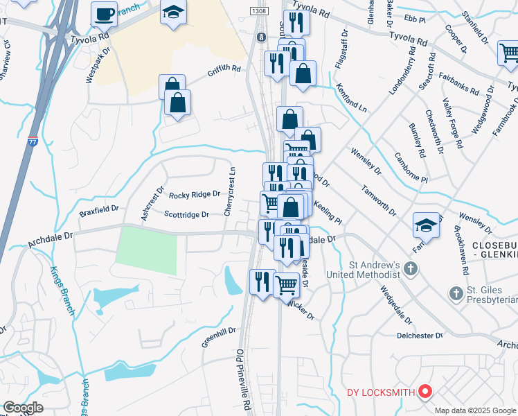 map of restaurants, bars, coffee shops, grocery stores, and more near 6313 Old Pineville Road in Charlotte