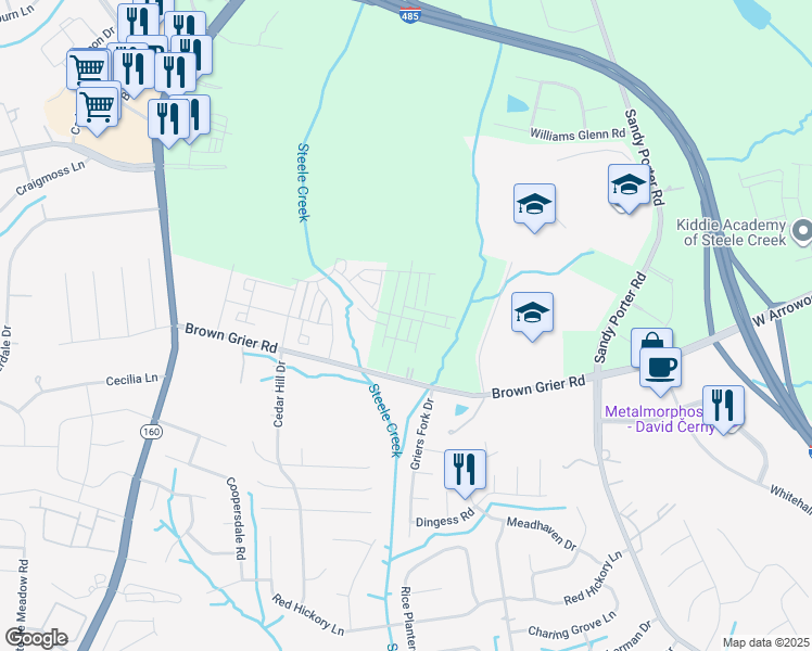 map of restaurants, bars, coffee shops, grocery stores, and more near 13815 Brown Grier Road in Charlotte